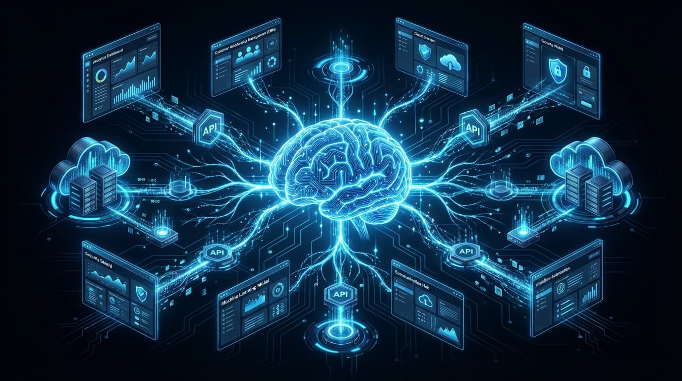 AI-powered SaaS application architecture showing LLM integration with GPT-5, Claude, and Gemini models connected through an API gateway