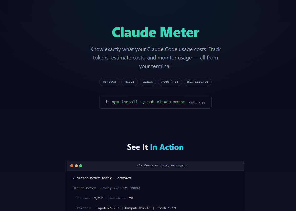 COB Claude Meter open source CLI for Claude Code token usage tracking